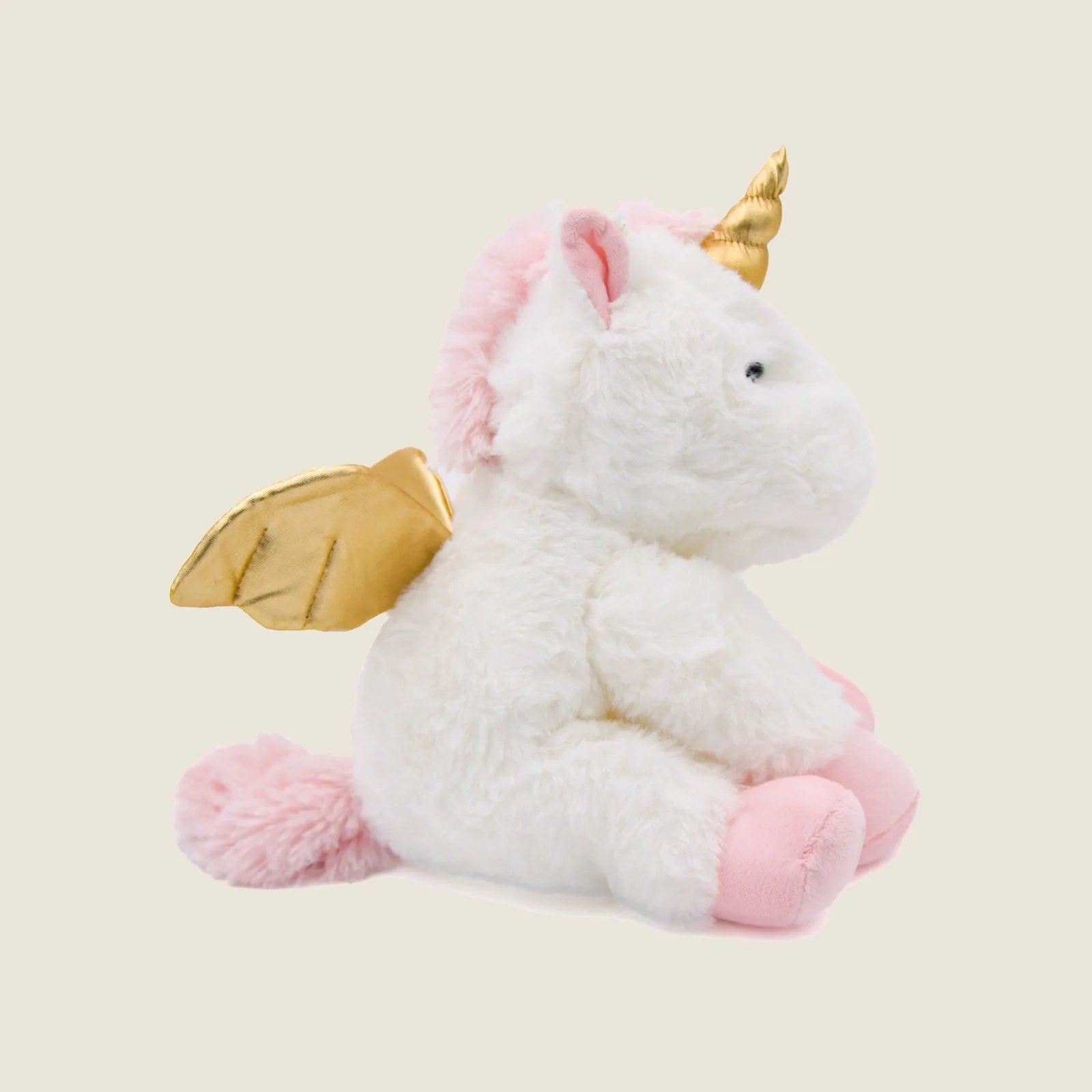 Soft white unicorn plush toy with pink accents and golden wings, designed for gentle dog play and cuddling.