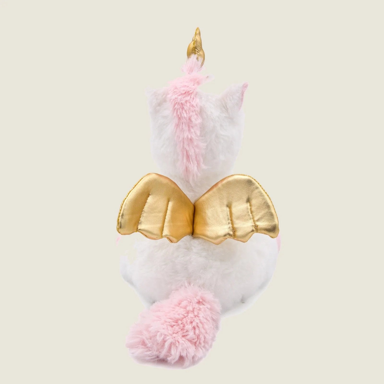 Fluffy white unicorn plush toy with pink accents and golden wings, perfect for gentle play and cuddling.