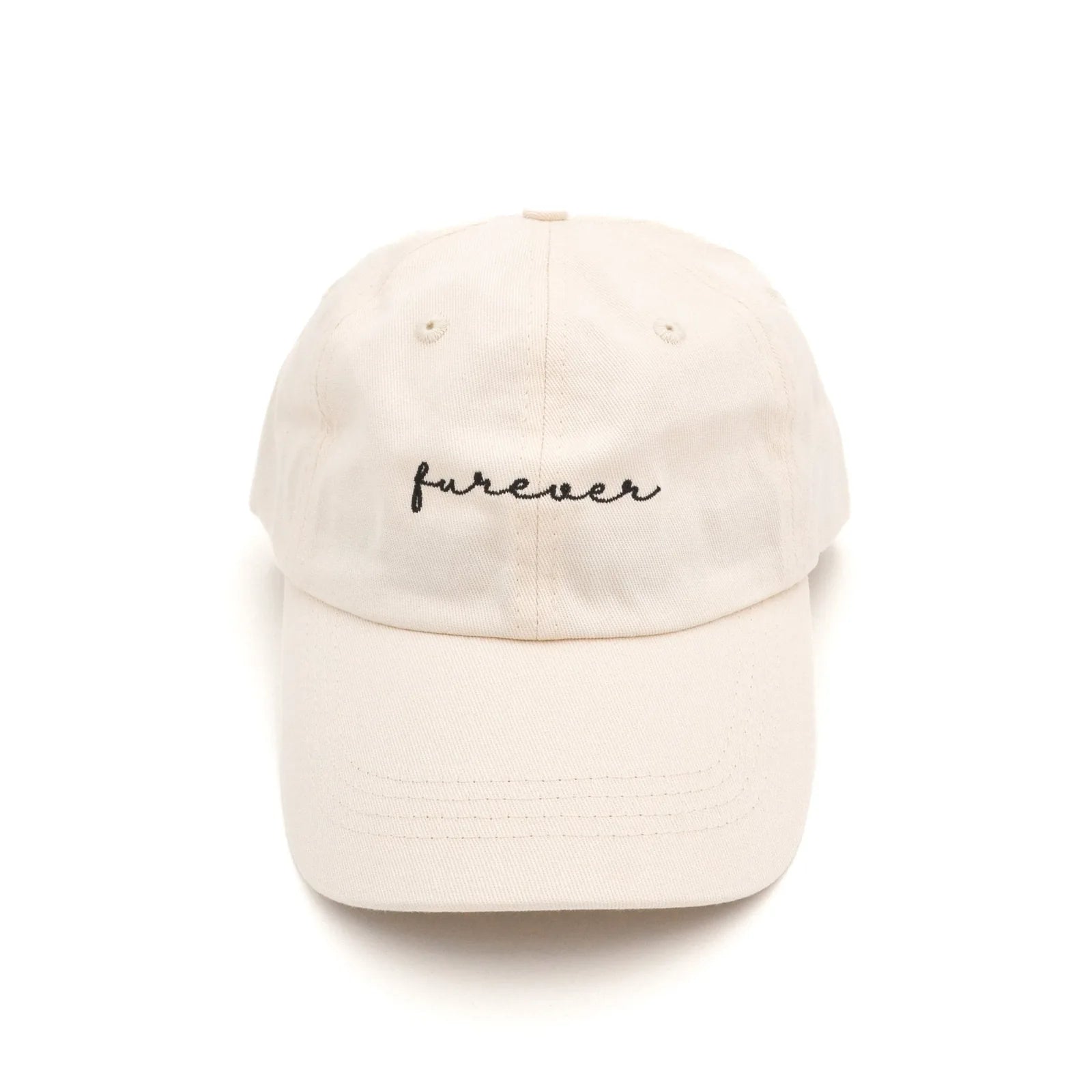 Cream cotton unisex hat featuring embroidered "furever" text, designed for everyday wear.