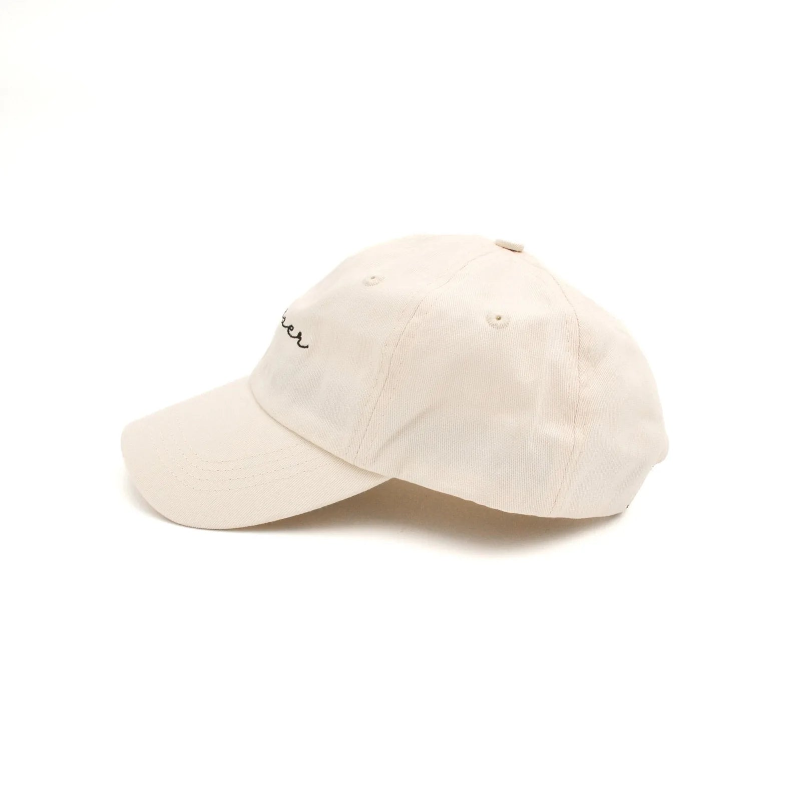 Lightweight beige cap with embroidered "furever" text, featuring an adjustable brass clasp for comfort.