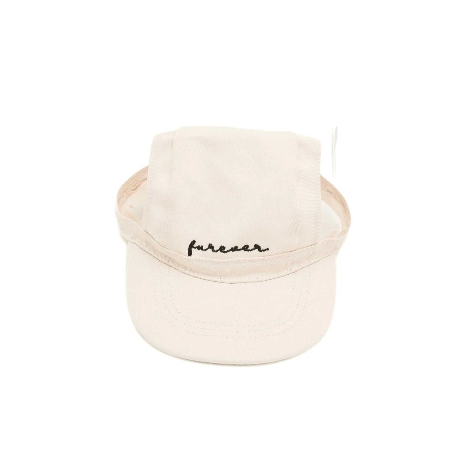 Lightweight beige pet hat with an embroidered 'furever' text and adjustable strap for a secure fit.