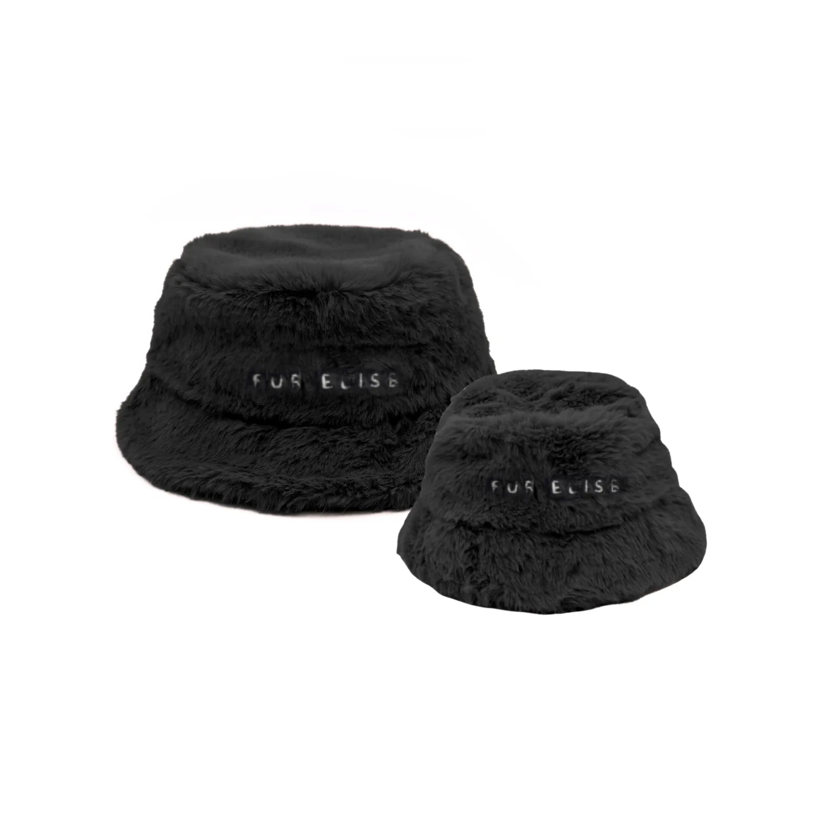 Matching black faux fur bucket hats for adults and dogs, featuring the embroidered Fur Elise logo.
