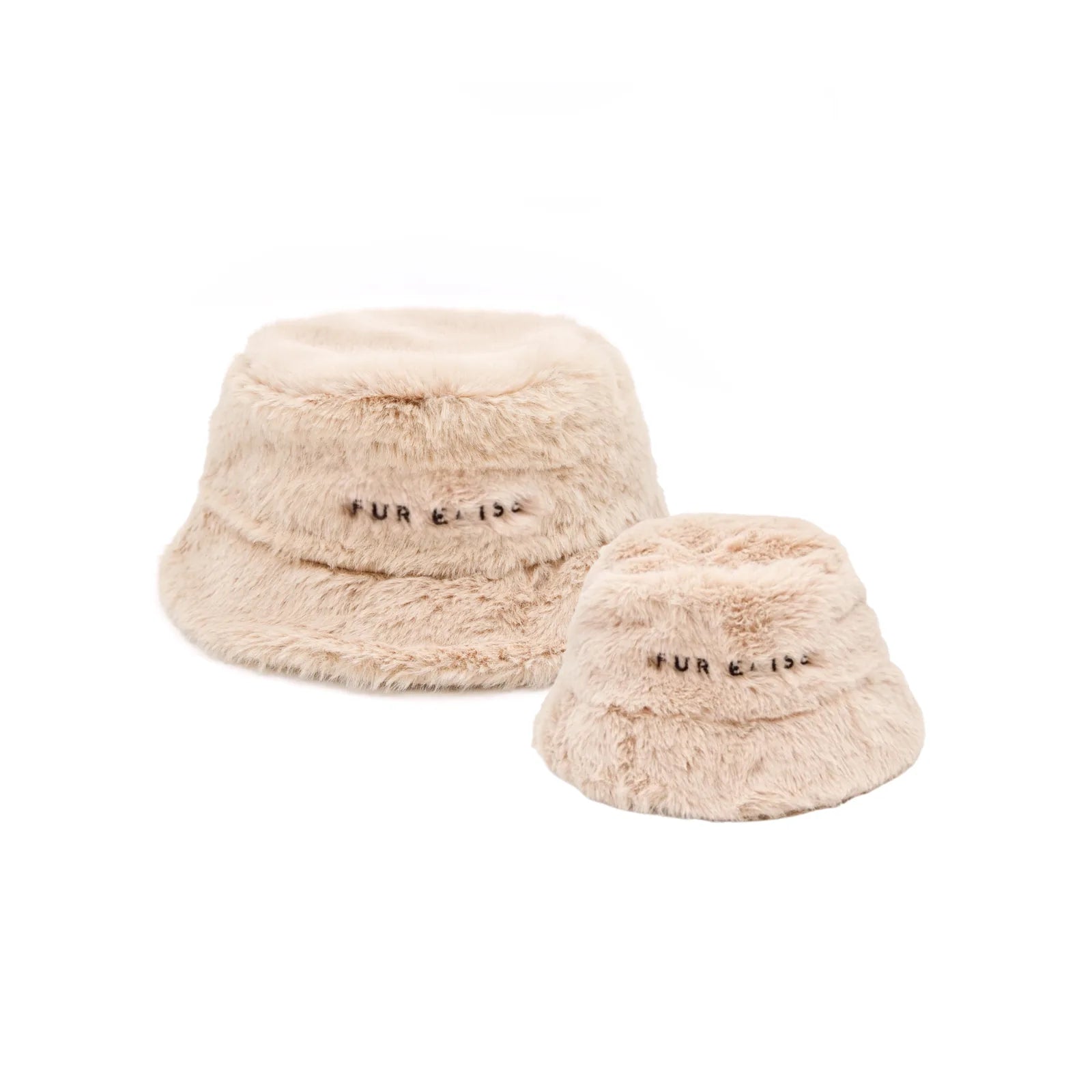 Soft sand-colored faux fur bucket hats for dogs and their owners, featuring embroidered Fur Elise logo.