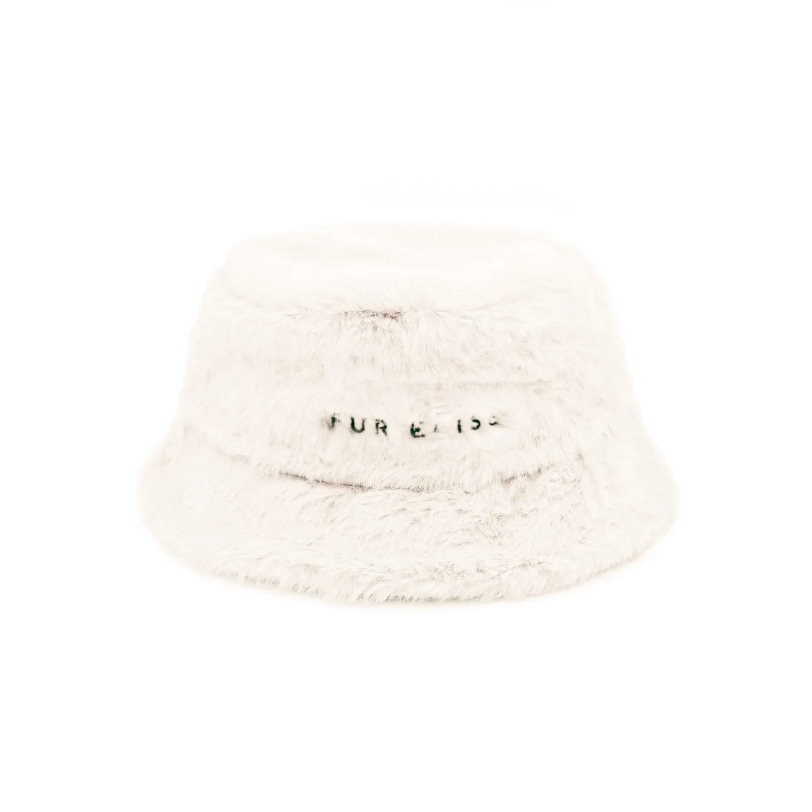Soft faux rabbit fur bucket hat in bone color featuring an embroidered "Fur Elise" logo. Cozy and stylish accessory.