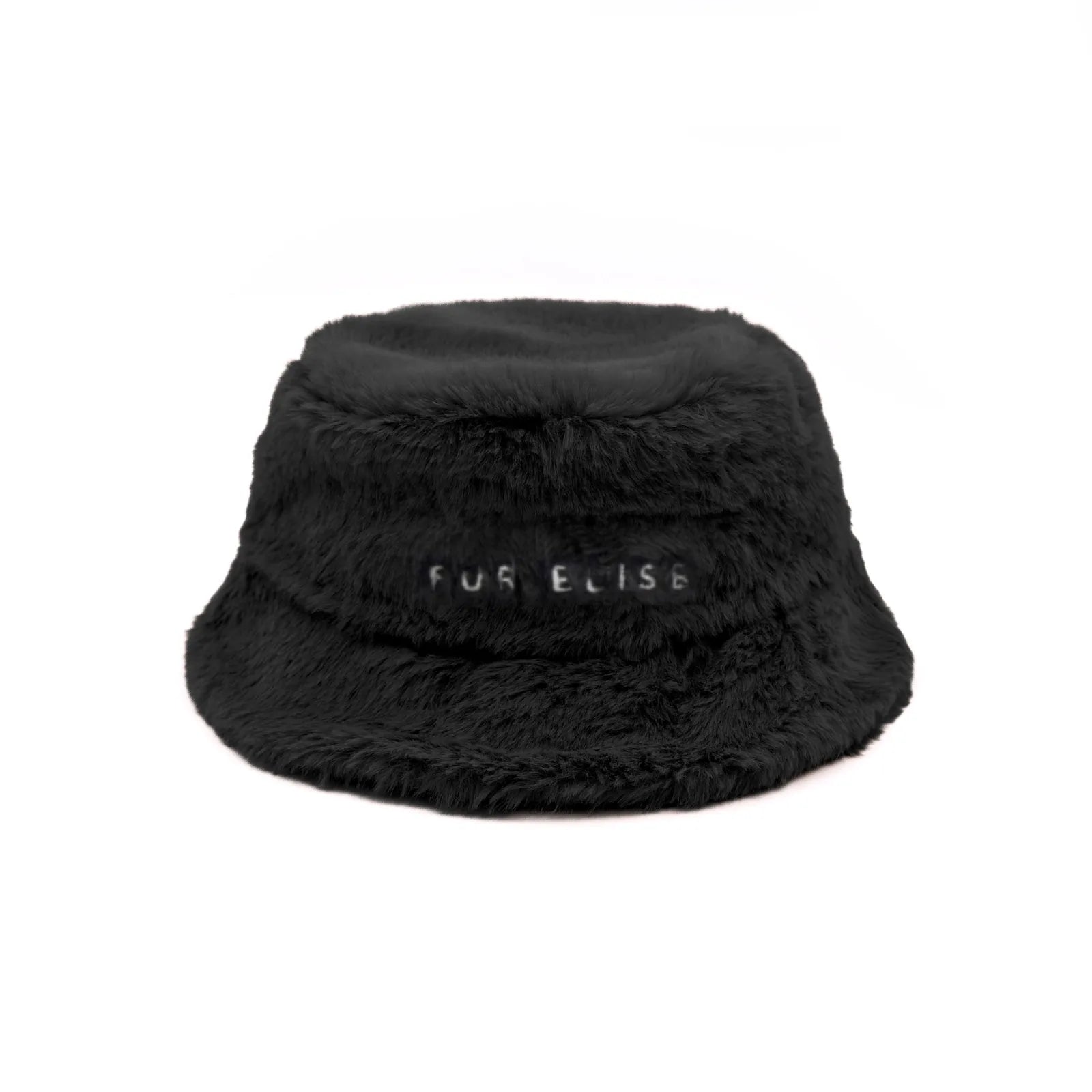 Cozy black bucket hat made of plush faux rabbit fur with an embroidered Fur Elise logo.