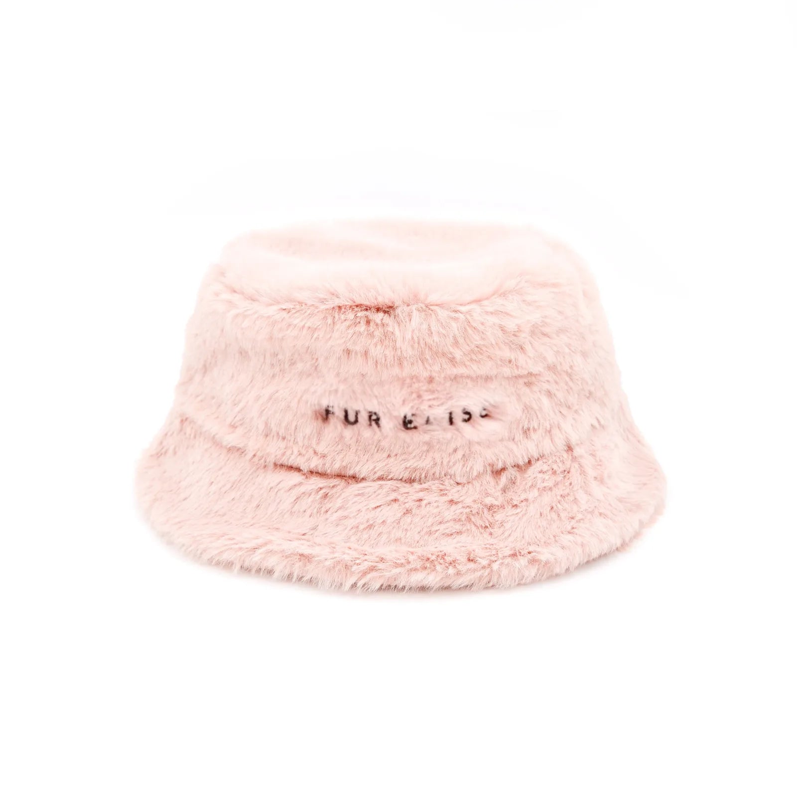 Cozy rose bucket hat made of soft faux rabbit fur with embroidered "Fur Elise" logo detail. Perfect for chilly days.
