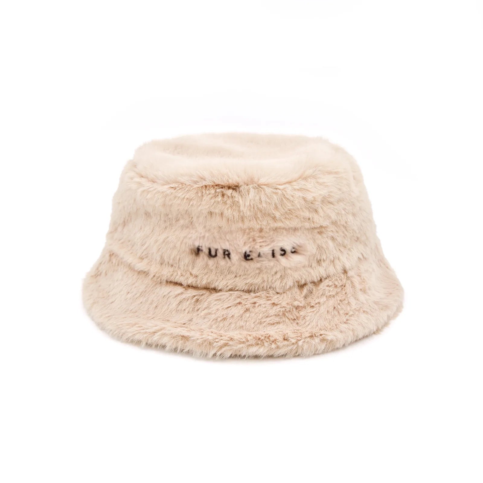 Soft faux rabbit fur bucket hat in sand with embroidered "Fur Elise" logo detail, perfect for chilly days.