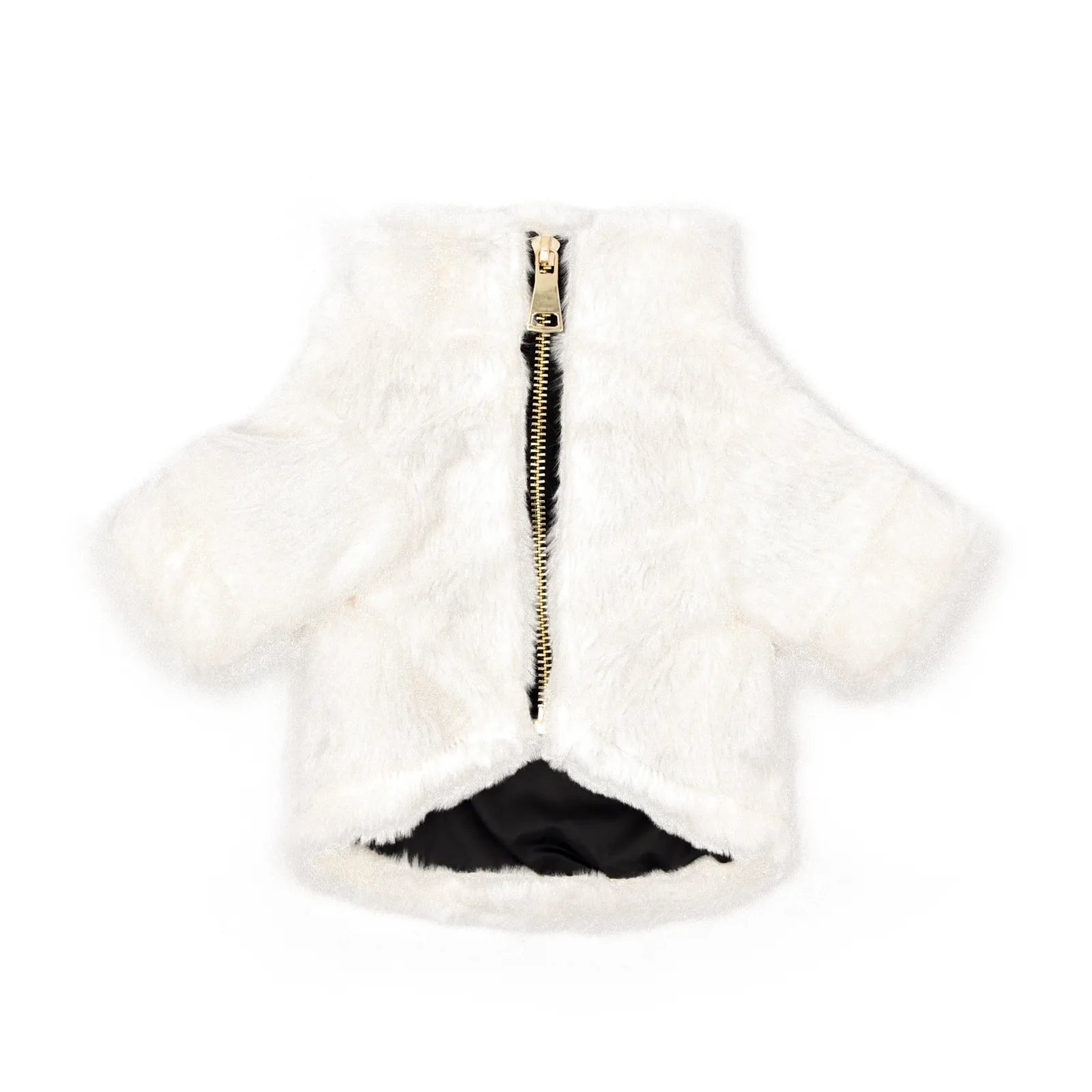 Soft white faux fur dog coat with a black nylon lining and gold zipper, designed for stylish warmth during cold weather.