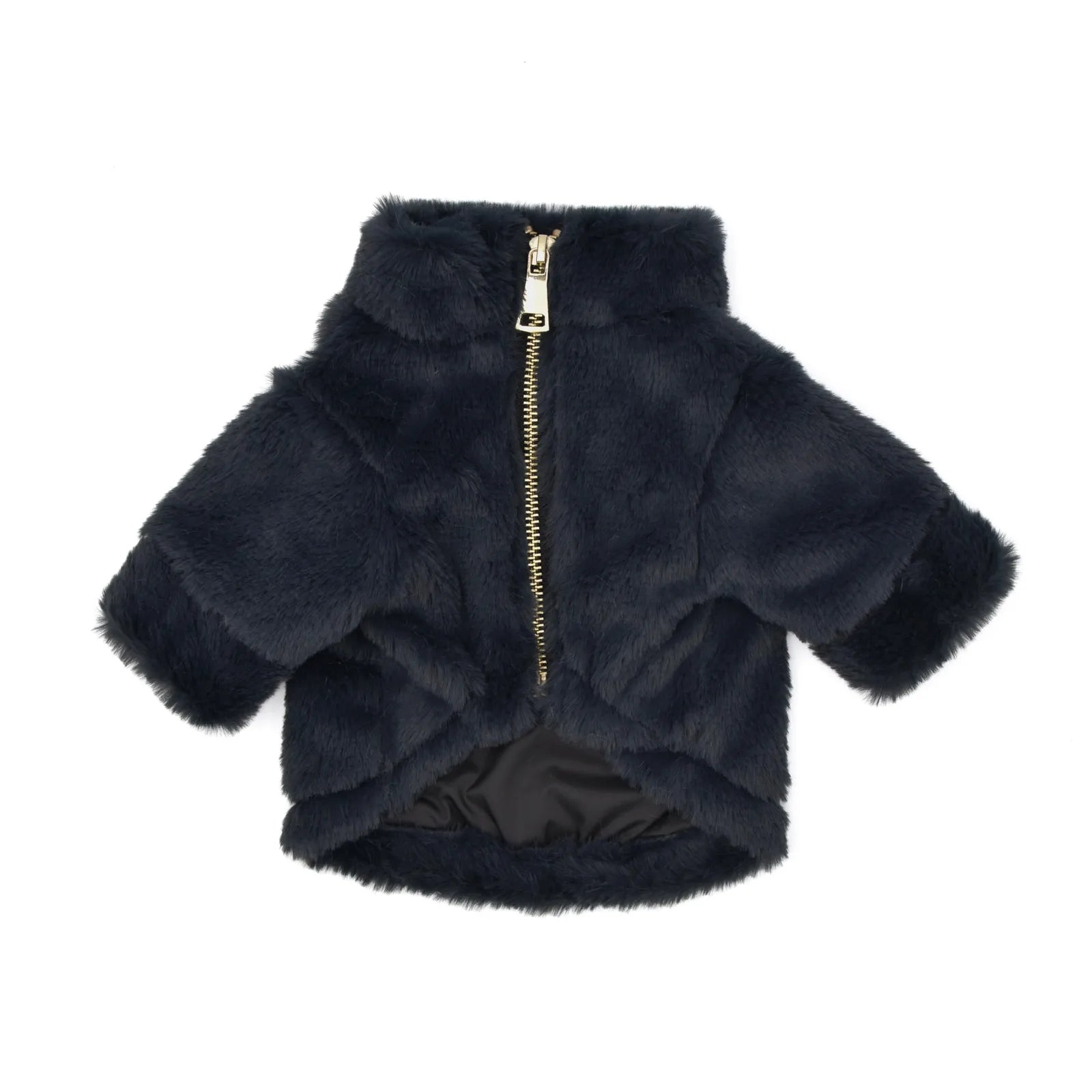 Plush faux rabbit fur dog coat in noir with gold tone zipper and water-resistant nylon lining. Perfect for colder months.