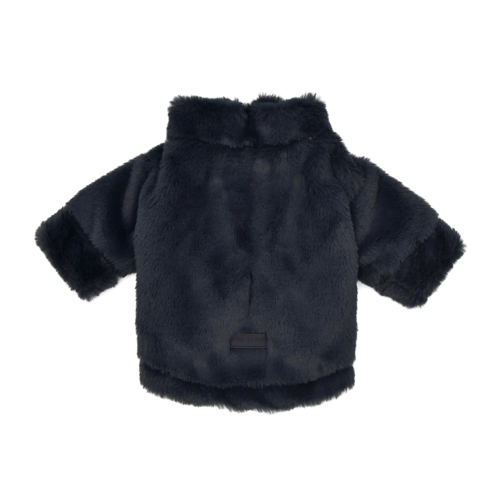 Cozy black faux fur pet coat with short sleeves and a high collar, featuring a rubber Fur Elise logo on the back.