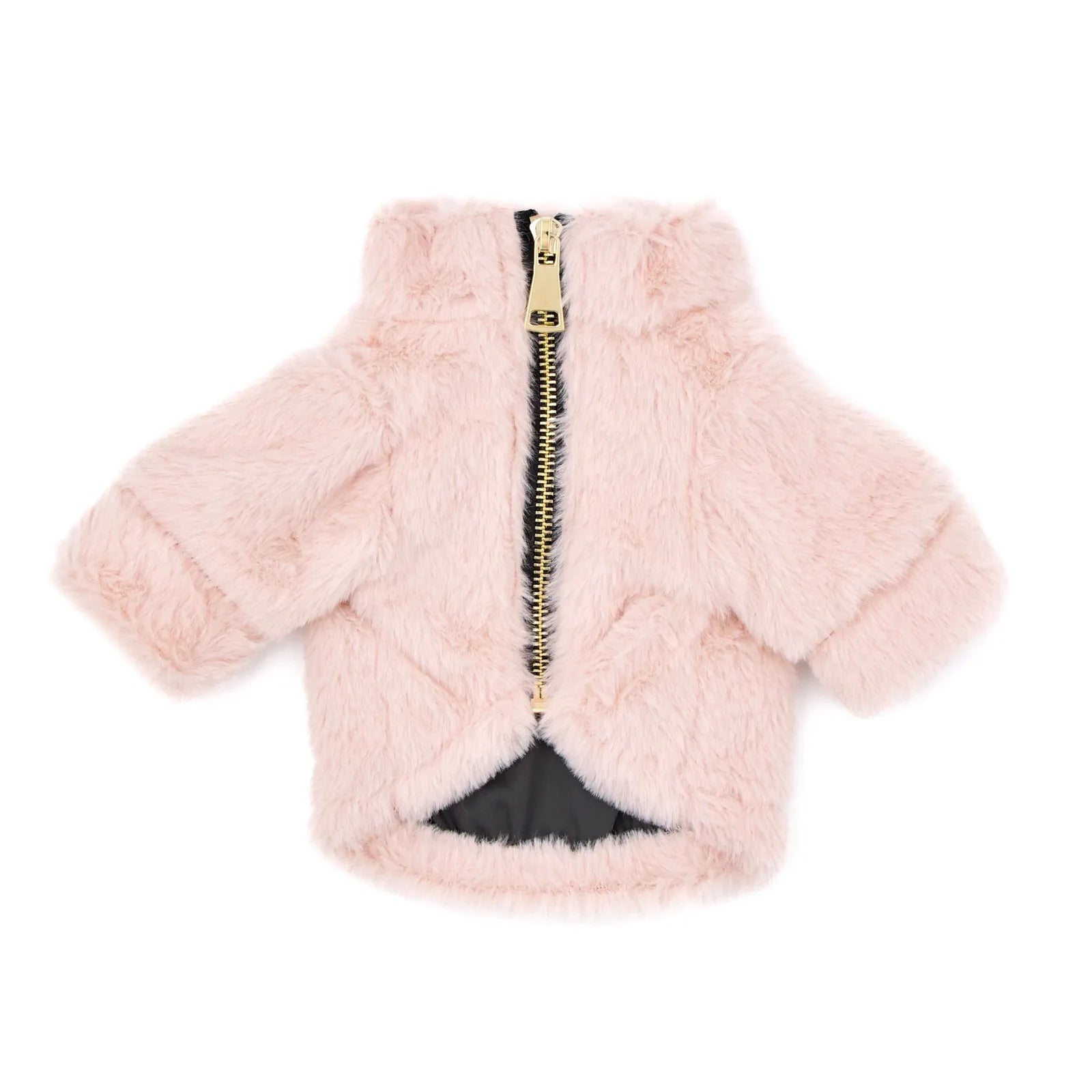 Plush rose faux fur dog coat with gold zipper, water-resistant lining, and classic rubber logo detail.