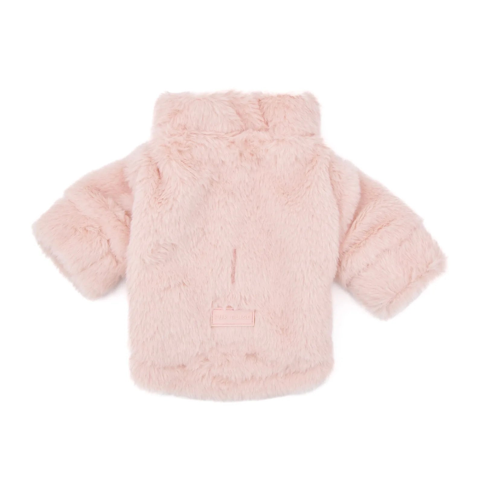 Cozy pink faux rabbit fur dog coat with a high collar and leash pass-through opening, perfect for chilly weather.