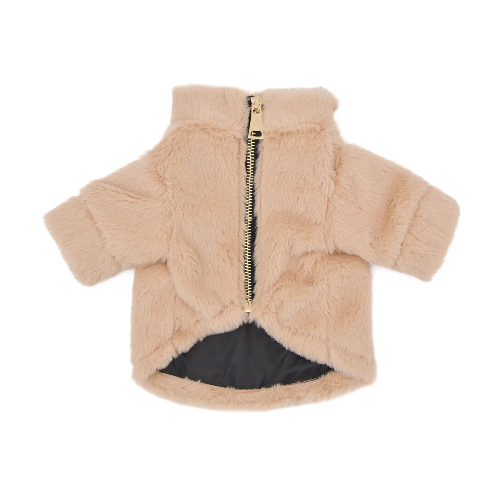 Furi Pet Coat in Sand features soft faux rabbit fur with a gold zipper and water-resistant lining for cozy warmth.