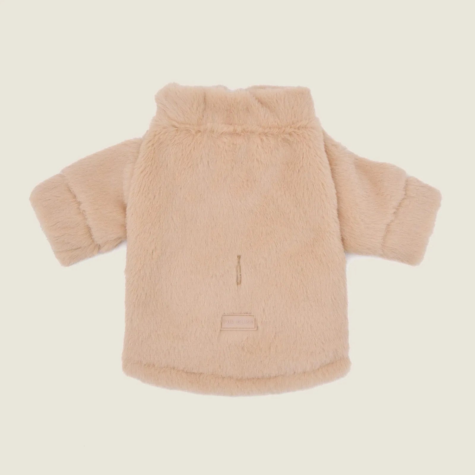 Cozy sand-colored faux fur dog coat with a gold zipper and leash opening, perfect for small to medium breeds.