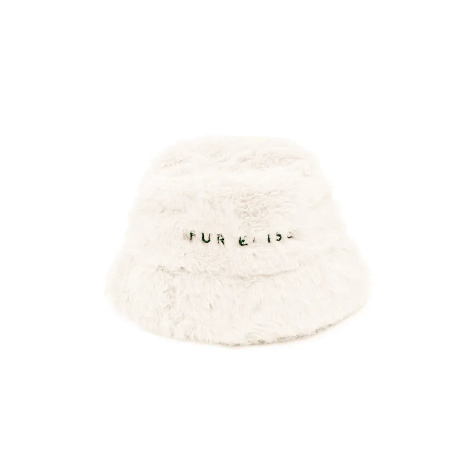 Cozy white faux rabbit fur pet hat with embroidered "Fur Elise" logo, featuring a wide brim and soft texture.