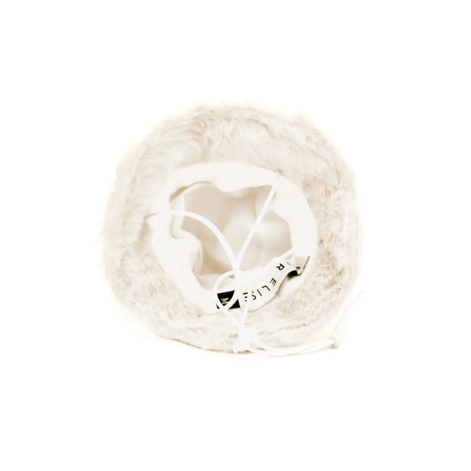 Soft faux rabbit fur pet hat in bone color with ear holes and adjustable strap for comfort and style.