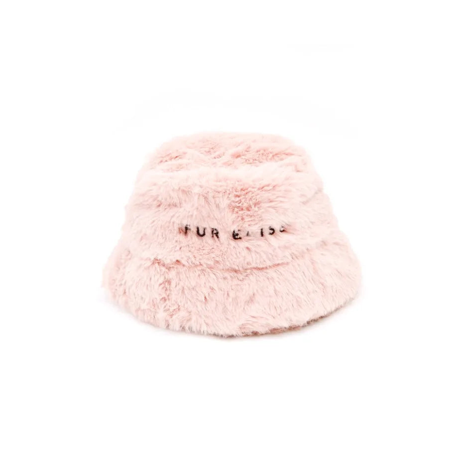 Soft rose faux fur pet hat with adjustable strap and ear holes, featuring the embroidered "Fur Elise" logo.
