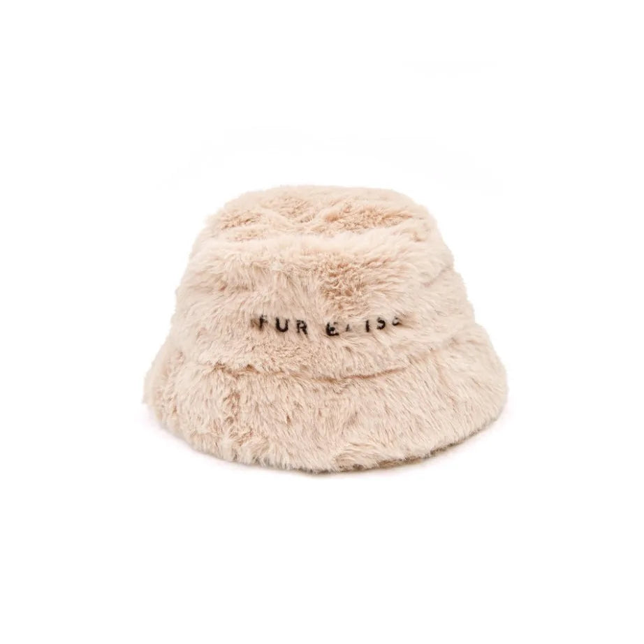 Soft faux rabbit fur pet hat in sand color with adjustable strap and embroidered "Fur Elise" logo.