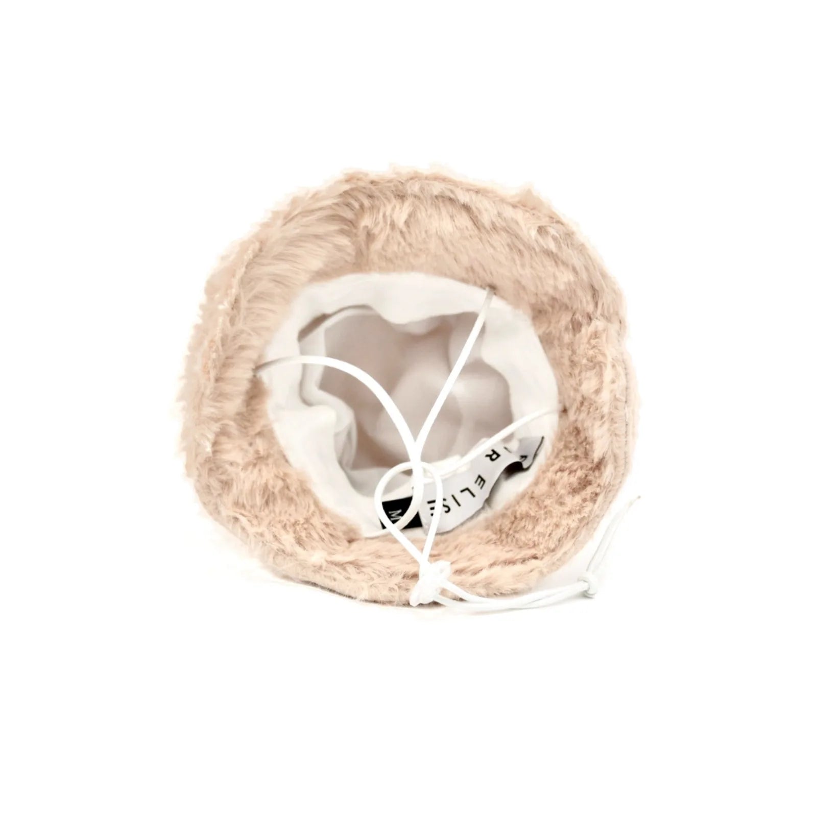 Soft sand-colored faux rabbit fur pet hat with adjustable strap and ear holes for comfort.