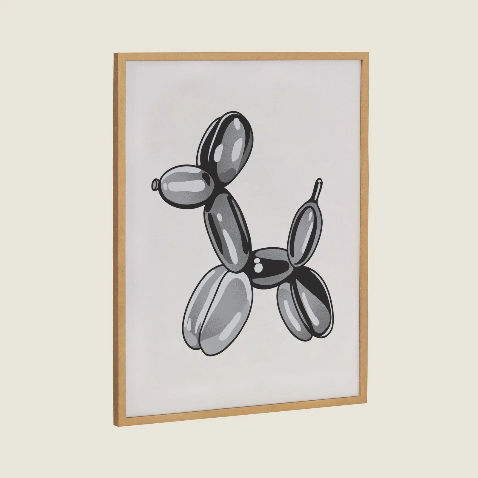 Framed art featuring a playful black balloon dog design, set in a natural wood frame. Ideal for modern decor.