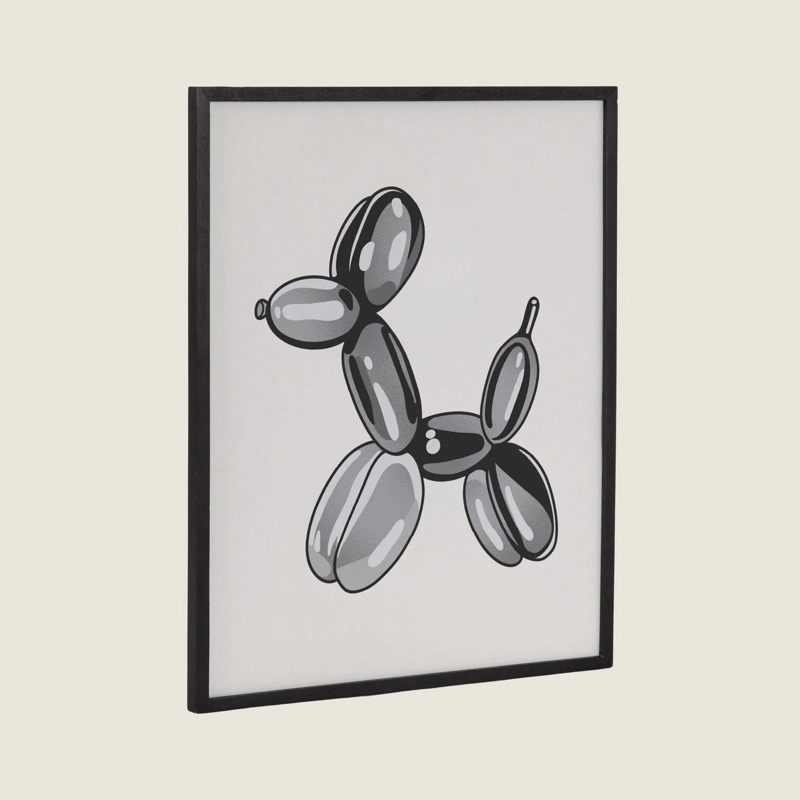 Playful black balloon dog design framed in a sleek black wood frame, perfect for modern home decor.