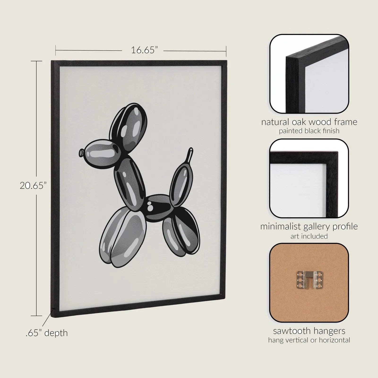 Framed wall art featuring a playful black balloon dog design in a black wood frame. Perfect for home decor.
