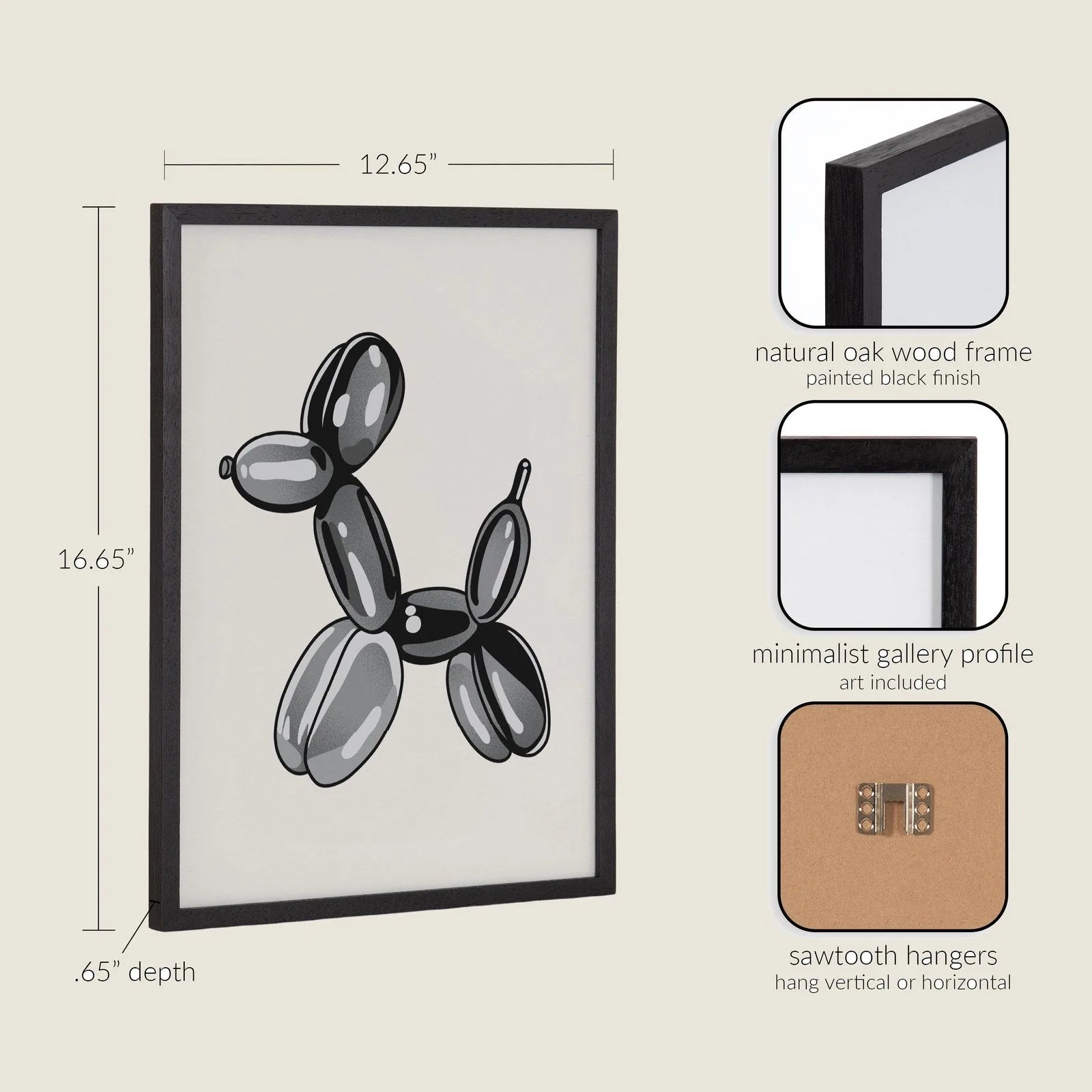 Framed black balloon dog art with a minimalist design in a black wood frame, ideal for modern decor.