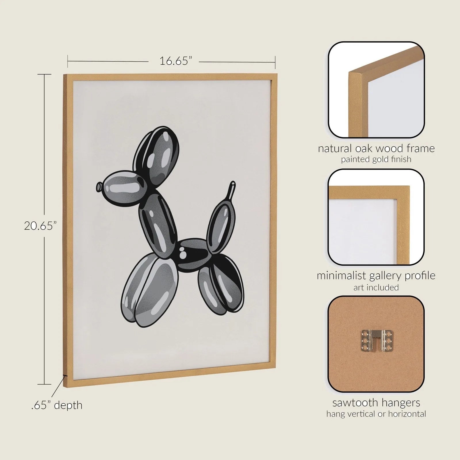 Framed black balloon dog art in a painted gold oak frame, showcasing playful design for modern decor.