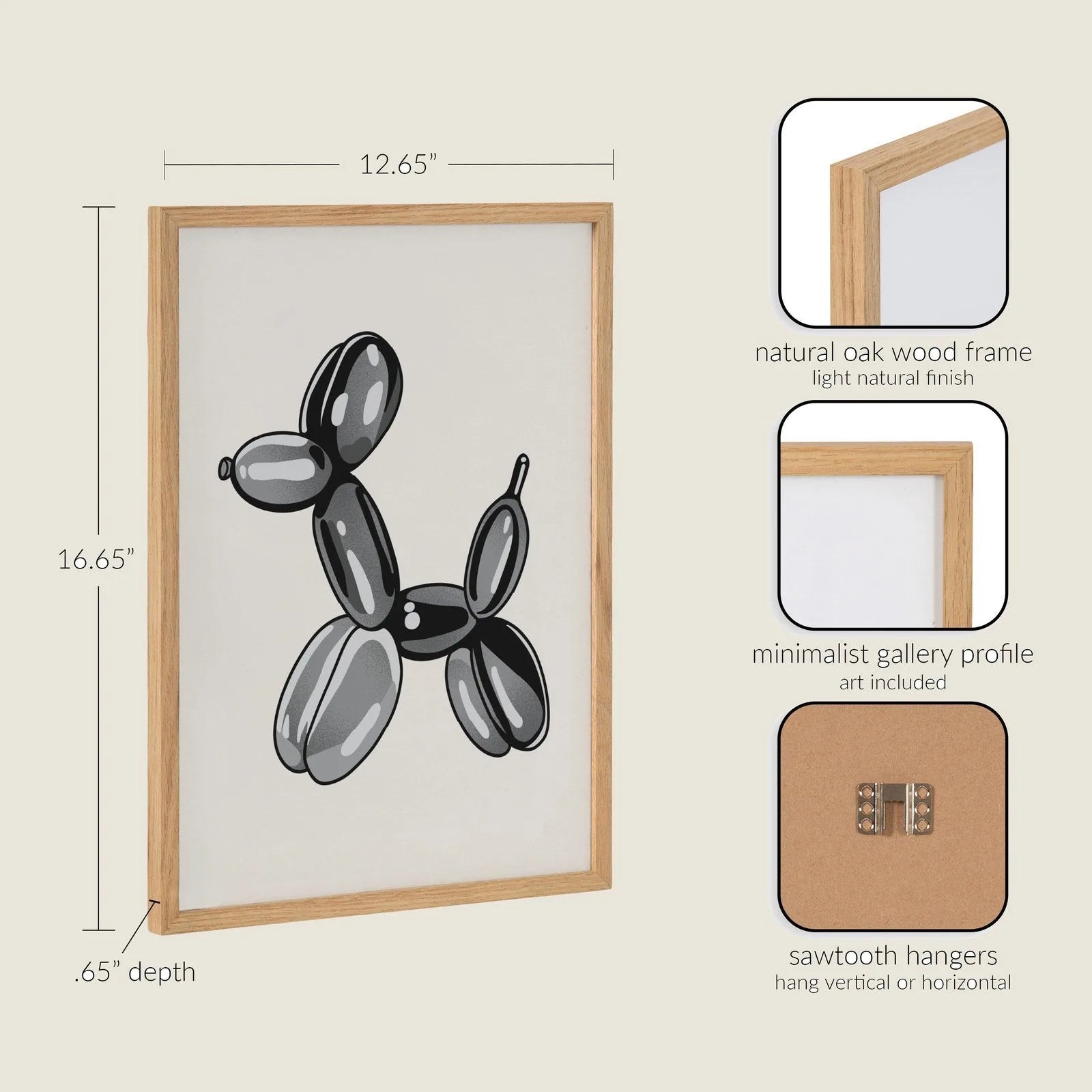 Framed black balloon dog art in a light natural oak frame, perfect for modern home decor.