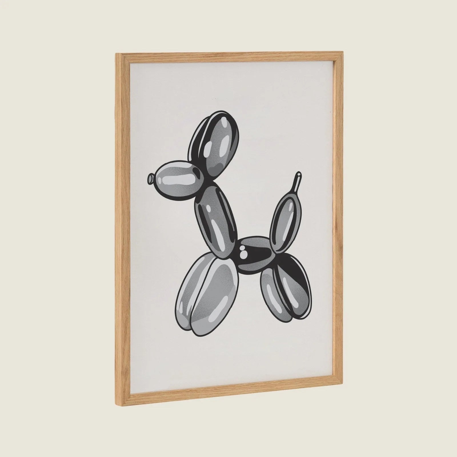 Framed black balloon dog artwork in a natural wood frame, perfect for modern home décor.