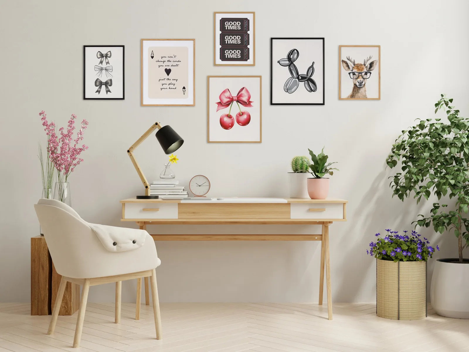 Framed black balloon dog art displayed on a stylish wall in a modern workspace.