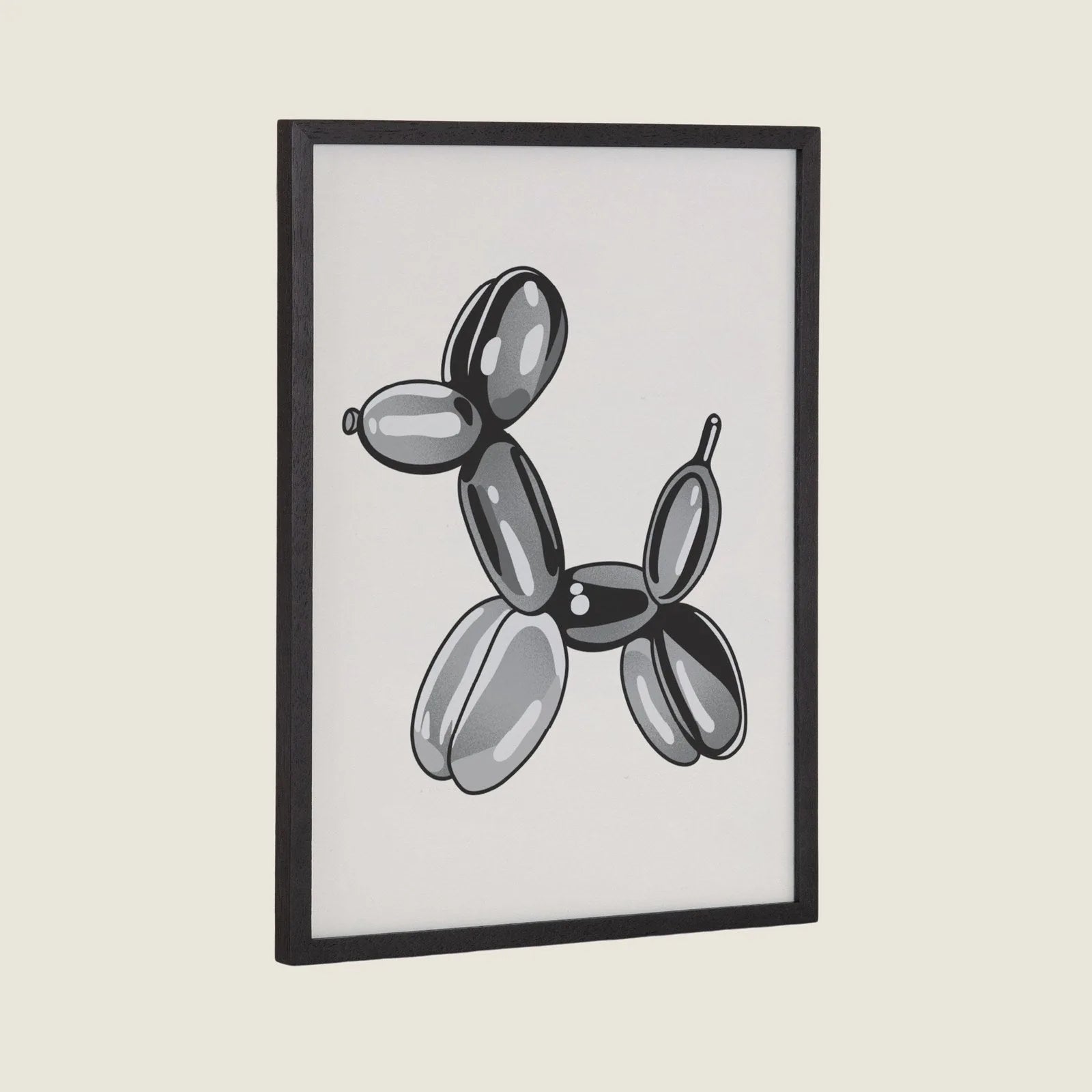 Framed black balloon dog art in a sleek solid wood frame, perfect for modern home decor.