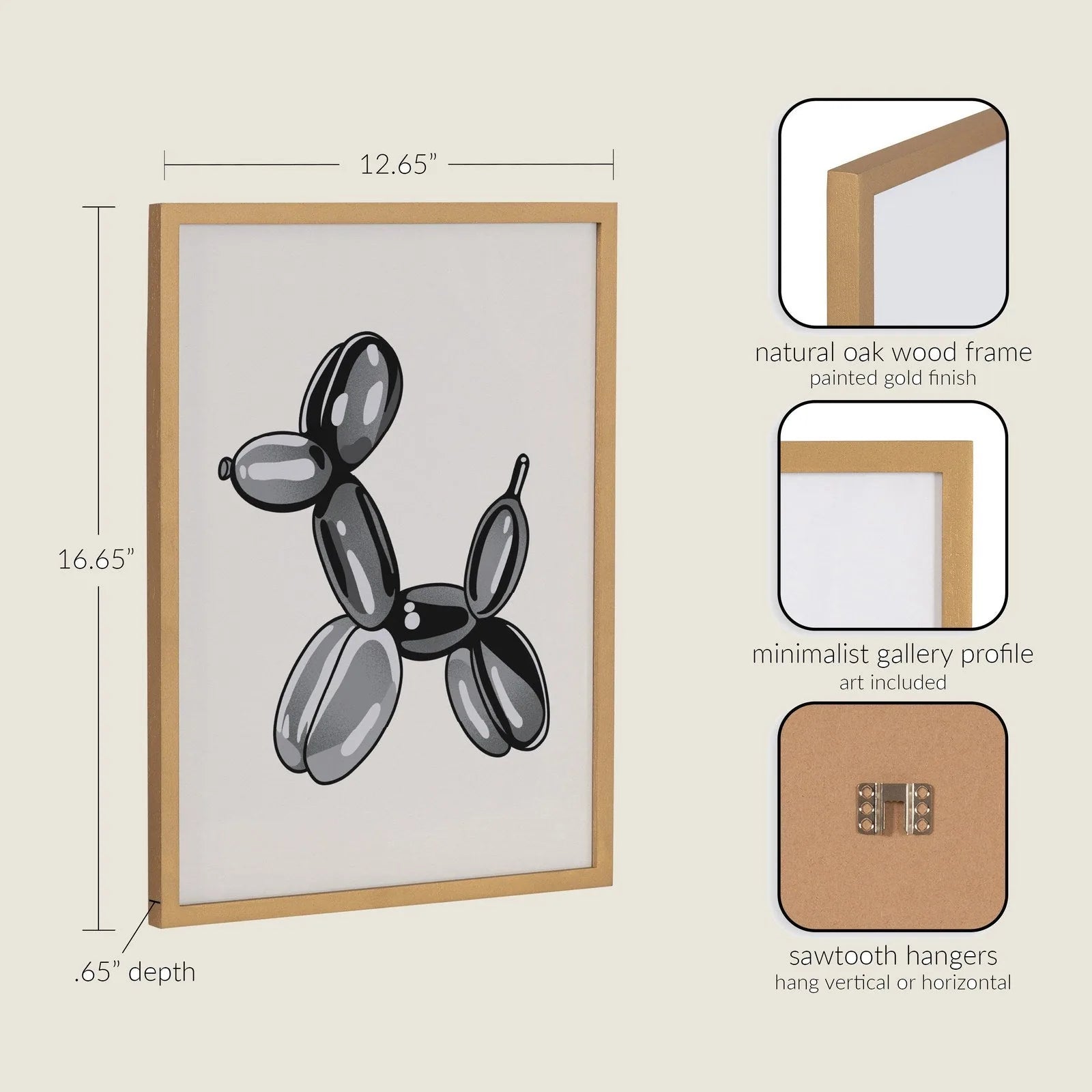Framed black balloon dog art in a natural oak frame, featuring minimalist design and modern decor style.