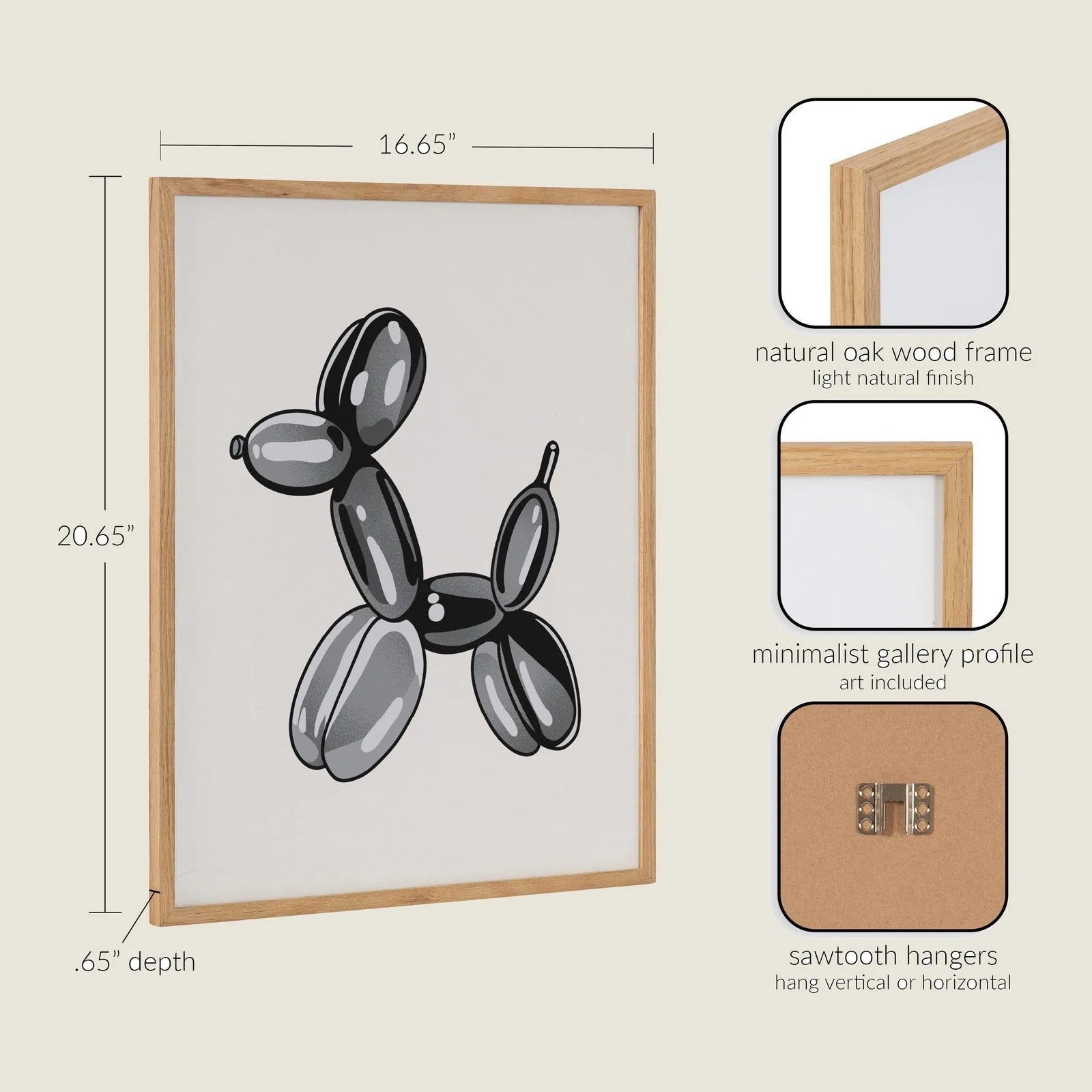 Framed art featuring a playful black balloon dog design in a light natural oak wood frame.