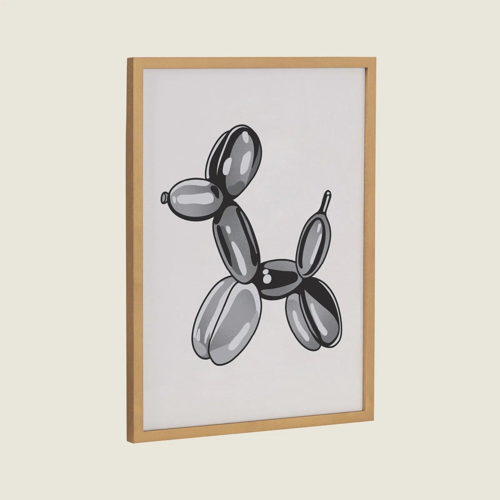 Playful black balloon dog art framed in natural wood, perfect for modern decor in any room.