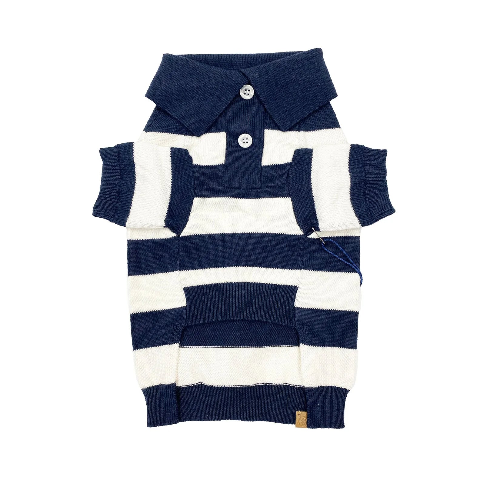 Navy and white striped cashmere blend dog sweater with a polo collar and button details. Perfect for stylish pets.