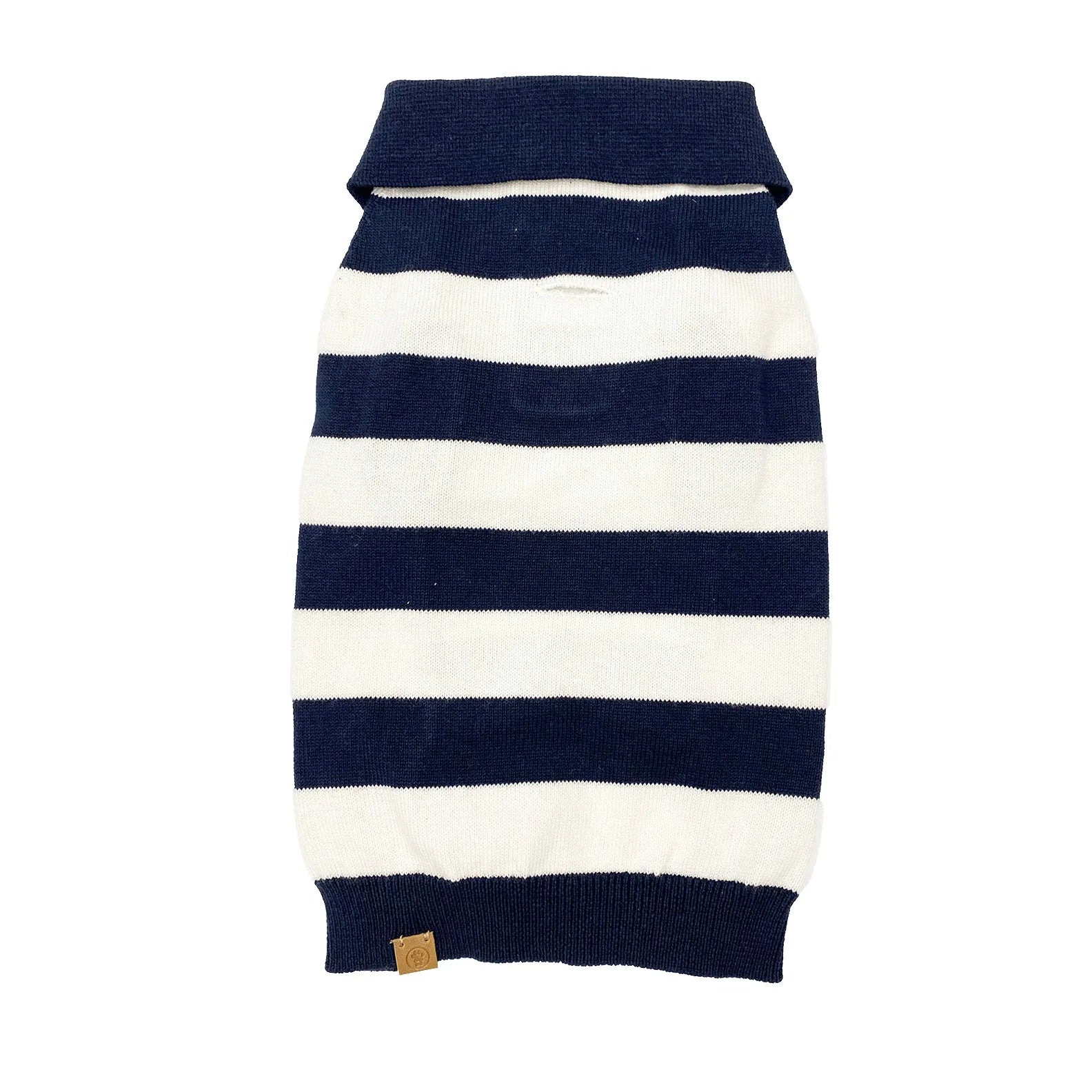 Navy and cream striped cashmere blend dog sweater with a polo collar and leash hole, ideal for stylish pet outings.
