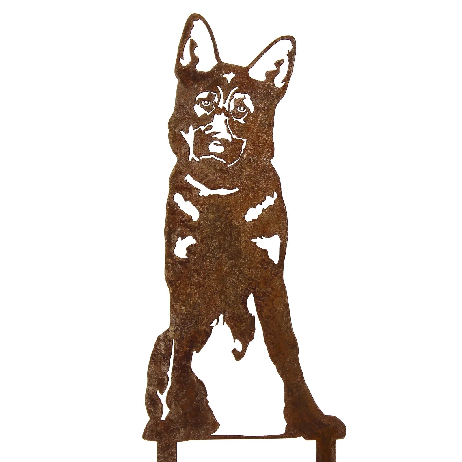Rusty Corten steel silhouette of a German Shepherd, showcasing detailed features and a standing posture.
