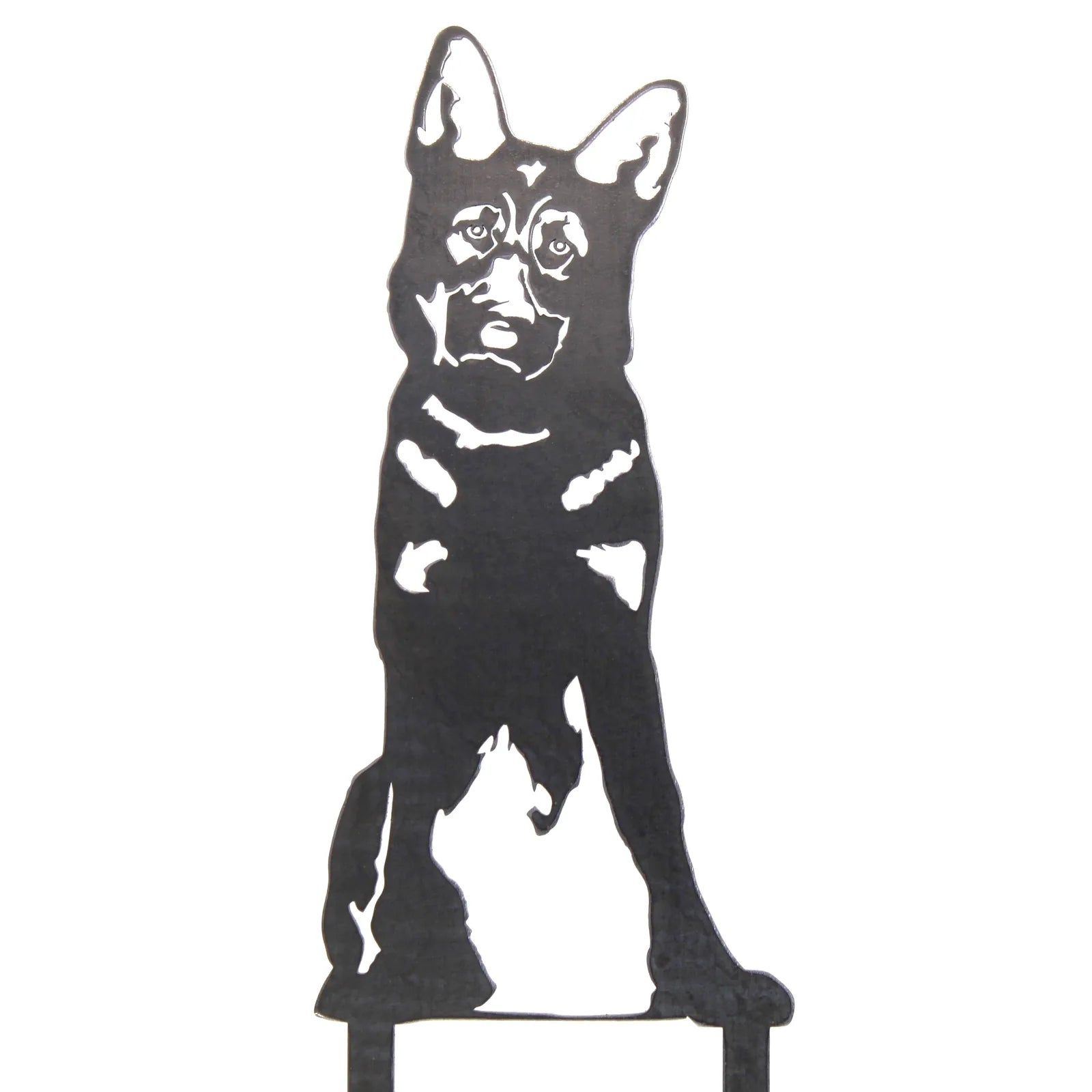 Black metal silhouette of a German Shepherd dog, showcasing detailed features and sturdy design, perfect for outdoor decor.
