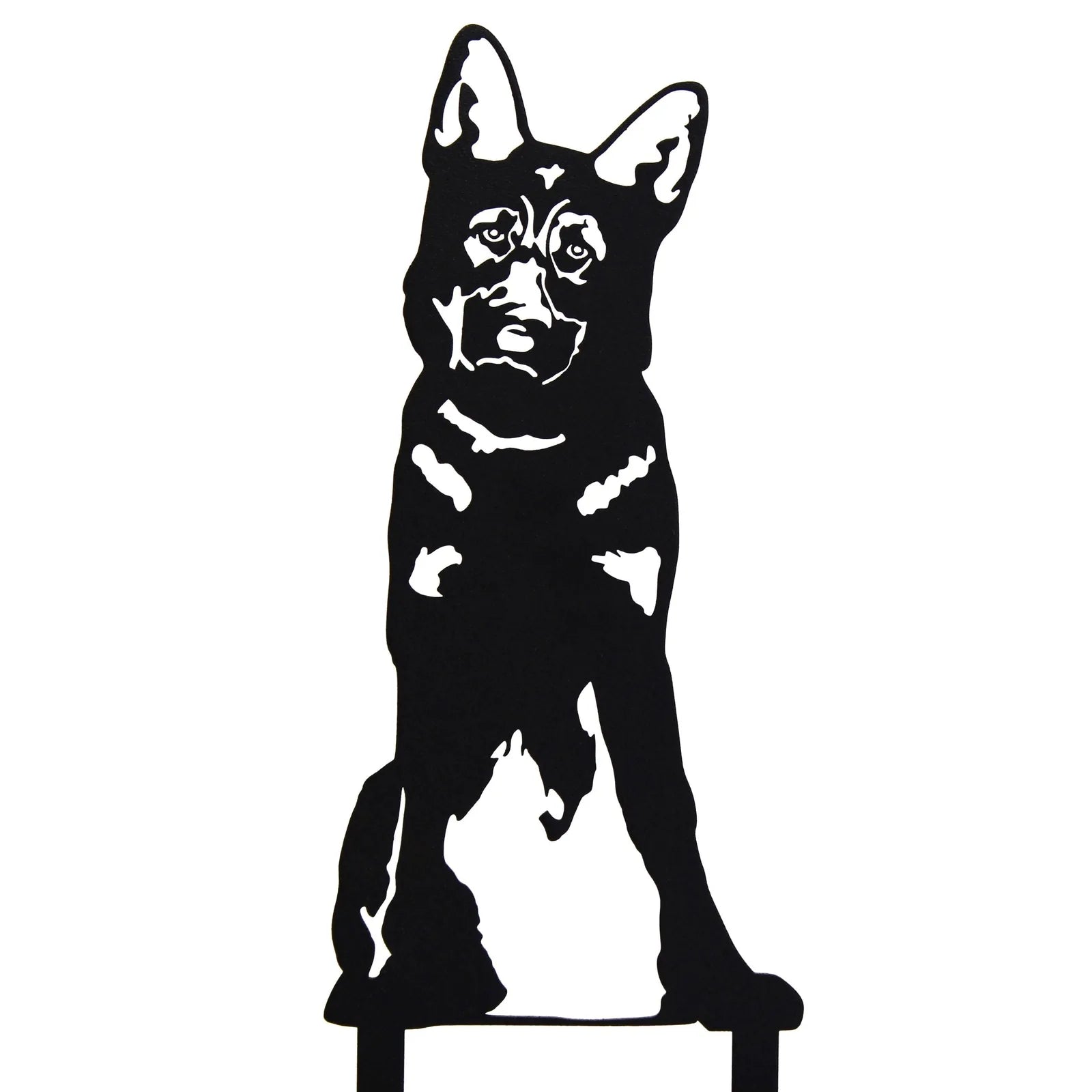 Black metal silhouette of a German Shepherd, featuring detailed facial and body outlines for outdoor decor.