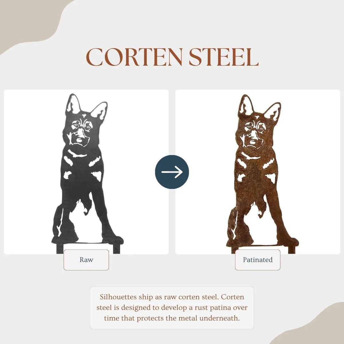 German Shepherd metal silhouette in raw black on the left, transitioning to a rusted patinated finish on the right.