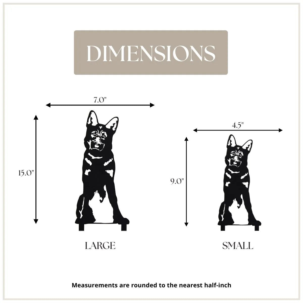 Black metal silhouettes of German Shepherds, sized large (15") and small (9"), displayed with dimension labels.