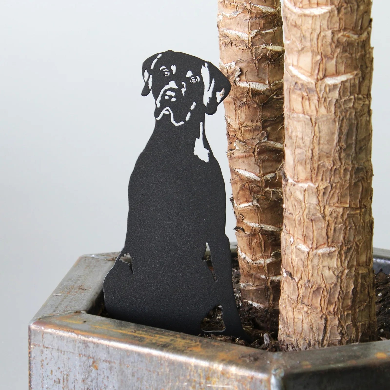 Black metal silhouette of a German Shorthaired Pointer resting beside potted plants, perfect for outdoor decor.