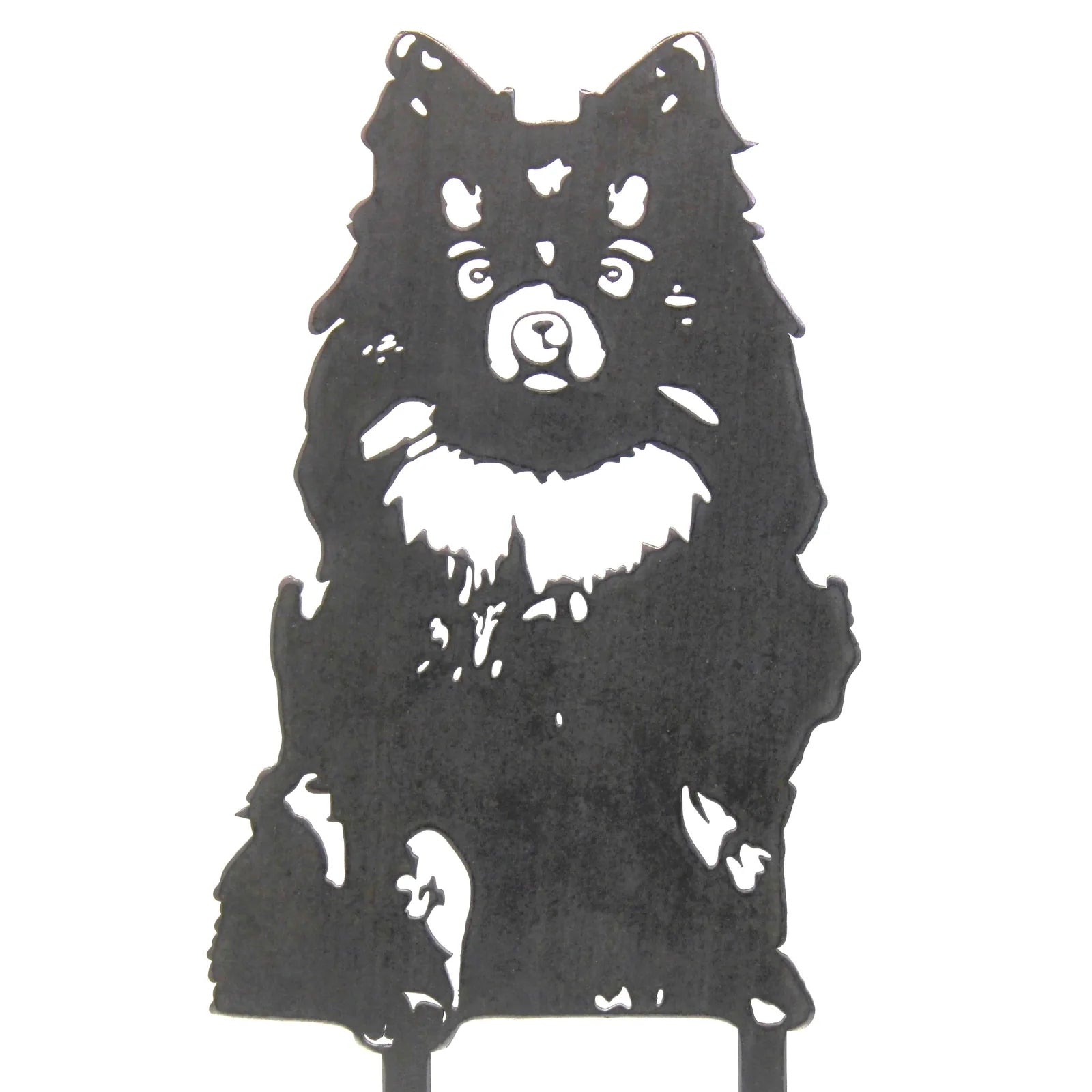 Black metal silhouette of a German Spitz dog with detailed facial features and fur texture, ideal for indoor or outdoor de...