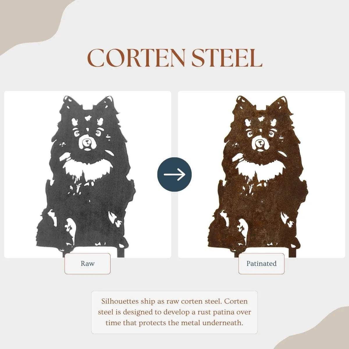 German Spitz metal wall art, showcasing a raw and patinated Corten steel silhouette, highlighting its unique design.