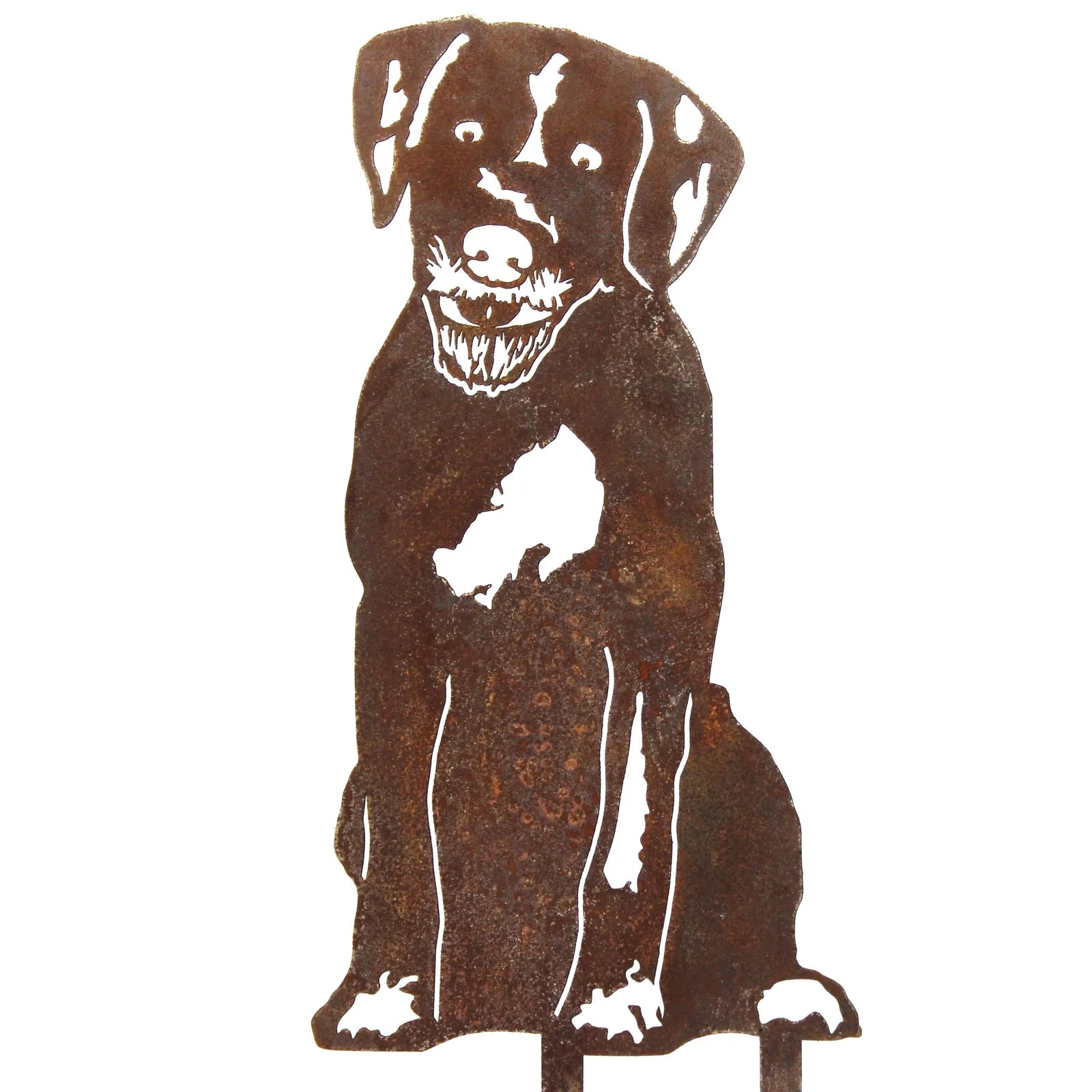 Rustic metal silhouette of a dog, showcasing a German Wirehaired Pointer in weathered Corten steel. Ideal for outdoor decor.