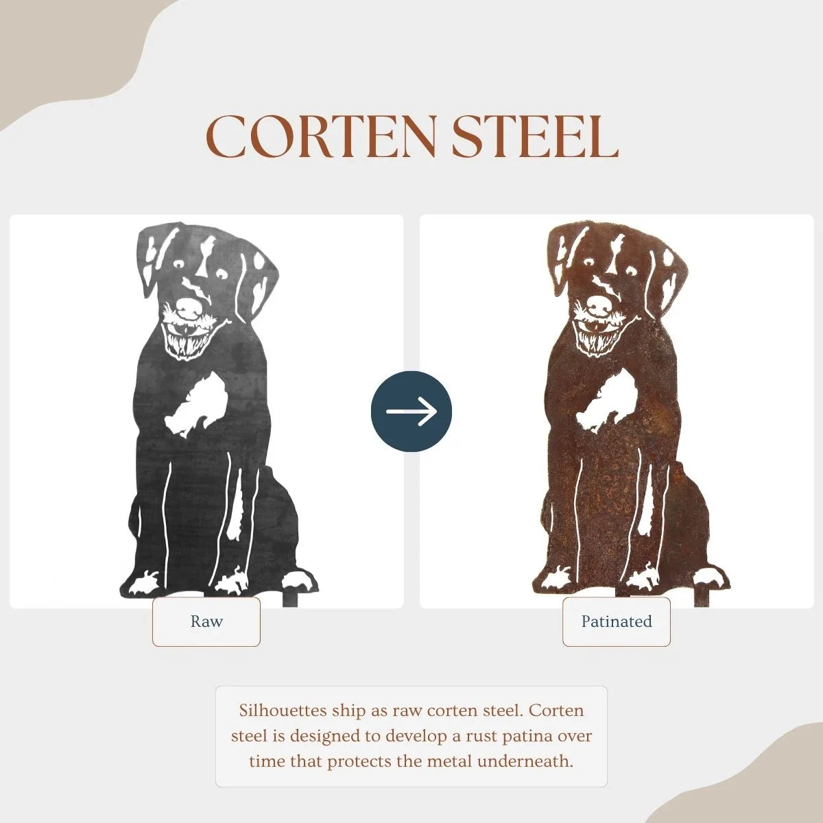 Corten steel dog silhouette showing raw on the left and patinated finish on the right, highlighting its rustic appeal.