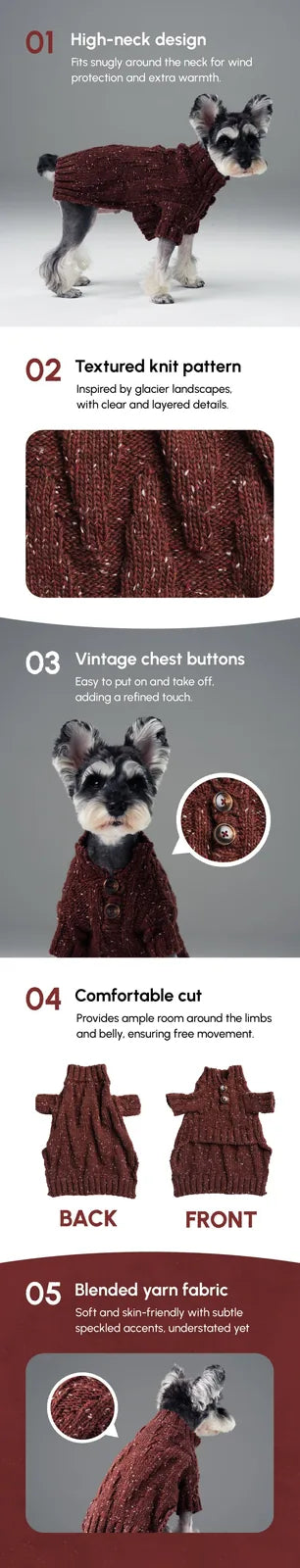 Burgundy pet sweater with high-neck design and vintage chest buttons, featuring a textured knit pattern for warmth.