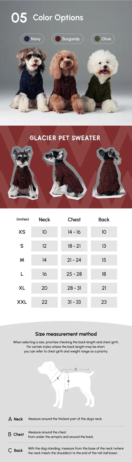Burgundy pet sweater featuring a high-neck design, vintage chest buttons, and a textured knit pattern inspired by glacier...