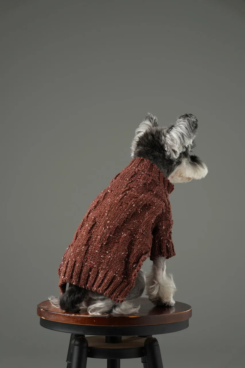 Burgundy pet sweater with a textured knit pattern and high-neck design, featuring vintage chest buttons for easy wear.